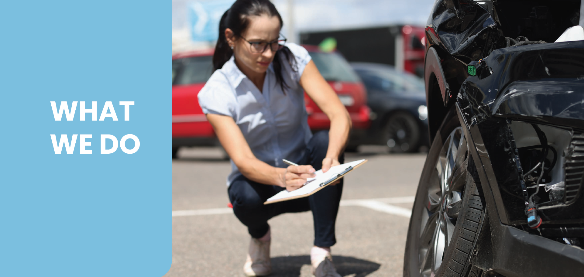 Accident scene with a woman taking notes